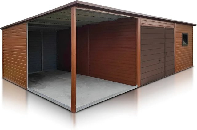 Liderstal Premium Einzelgarage aus Blech mit Carport in Braun, B/T: 550 x 500 cm - Bild 1