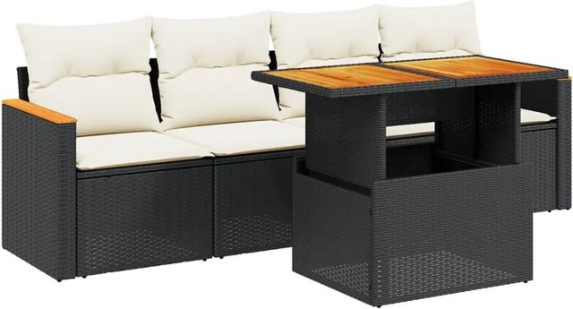 vidaXL 5-teilige Garten-Sofagarnitur aus Polyrattan und Akazienholz in Schwarz mit Kissen - Bild 1