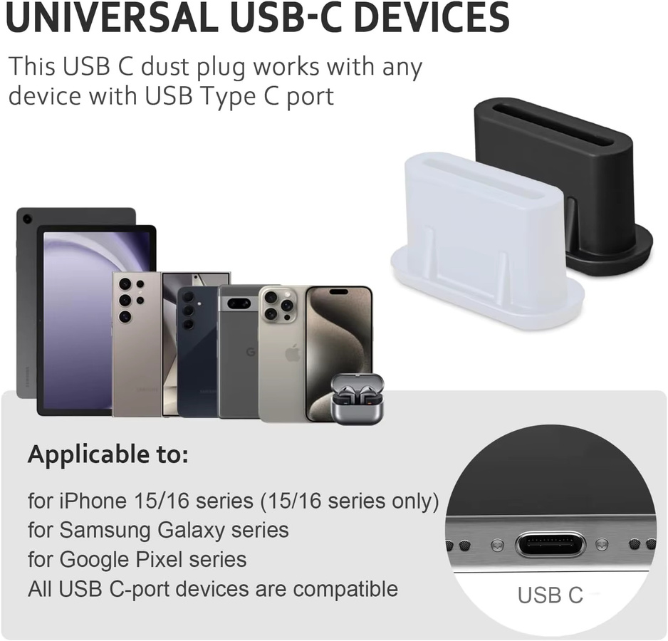 USB-C Staubschutzkappen aus Silikon als Anti-Staub-Schutz für iPhone 15-17, Samsung S20-S25, A Note und alle USB-C-Geräte - Bild 3