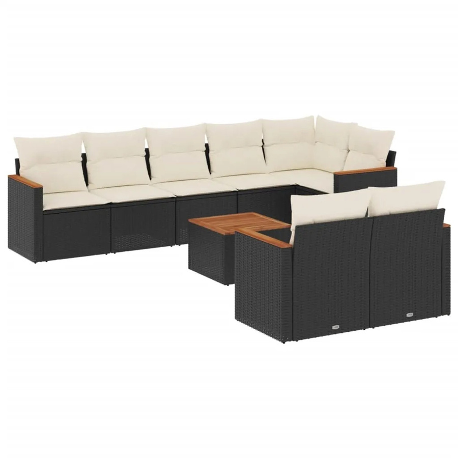 vidaXL 9-teilige Garten-Sofagarnitur aus Poly-Rattan und Akazienholz mit Kissen in Schwarz und Cremeweiß - Bild 2