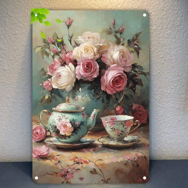 CIFBUY Metallschild mit Vintage-Rosen in Multicolour, Retro-Wandkunst aus Blech, B: 20,3 cm, H: 30,5 cm - Bild 1