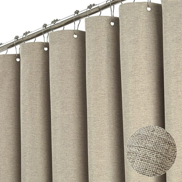 Wasserdichter Duschvorhang aus Leinen von WHQ Home Decoration in Aprikose mit silbernen Metallhaken, B: 150 cm, H: 200 cm - Bild 1