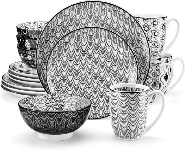 Vancasso Porzellan Geschirrset in Schwarz und Beige, 32-teiliges Dinner-Service mit Speisetellern, Desserttellern, Müslischalen und Bechern für 8 Personen - Bild 1