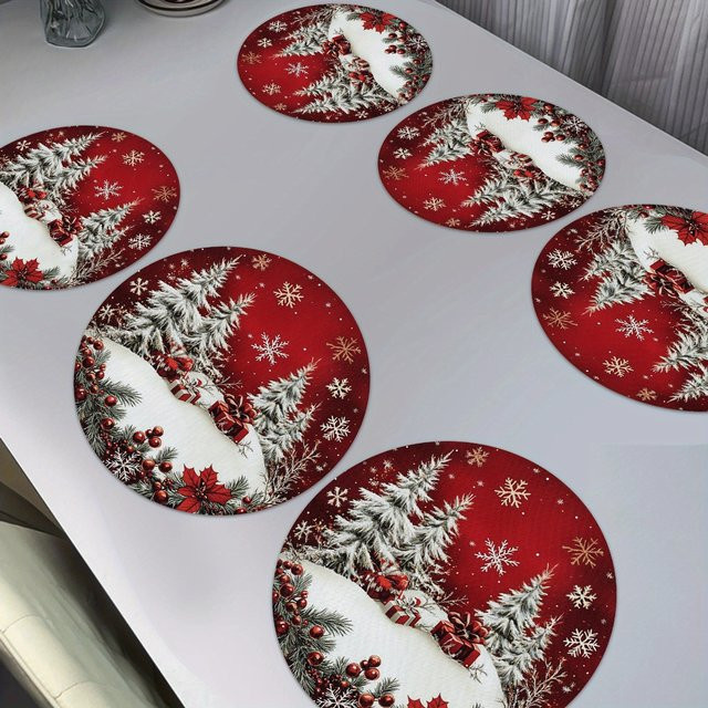 VIKAMA 6-teiliges Tischset-Set aus Leinen mit Weihnachtsschneeszene in Rot, rund, Durchmesser: 38 cm - Bild 1