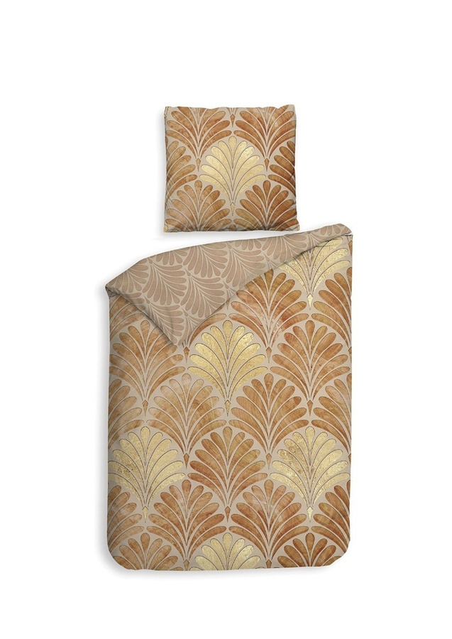 Heckett & Lane Mako-Satin Bettwäsche Elif Wende Bettwäsche Set mit Duvetbezug und Kissenbezug, Farbe: Orange, Beige und Gold, Muster: Floral Art Deco, B/H: 135 x 200 cm, Kissenbezug: 80 x 80 cm - Bild 1