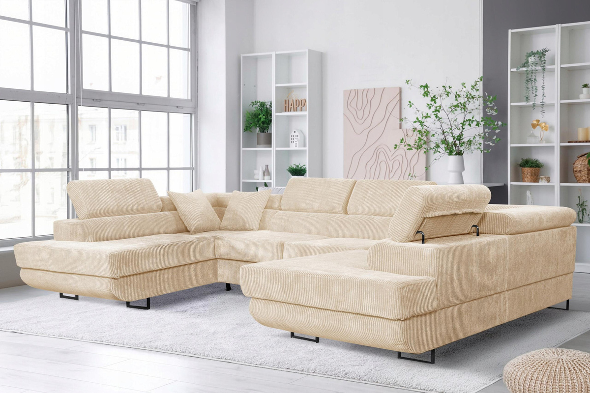 Ausklappbares U-förmiges Ecksofa von Savio Family Möbel in Beige Cord - Bild 4