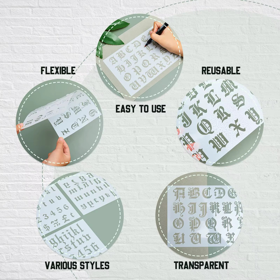 6 Stück Schablonen für alte englische Alphabetbuchstaben aus Kunststoff, wiederverwendbare DIY-Bastel- und Malvorlagen für Scrapbook, Prägung und Albumdekoration - Bild 3