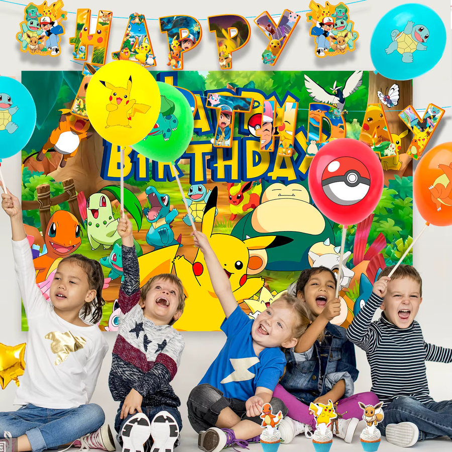 Potdemiel 38-teiliges Pokemon Geburtstagsparty Dekorationsset in Mehrfarbig mit Ballons, Banner, Kuchendekoration und Hintergrund für Kinder - Bild 2