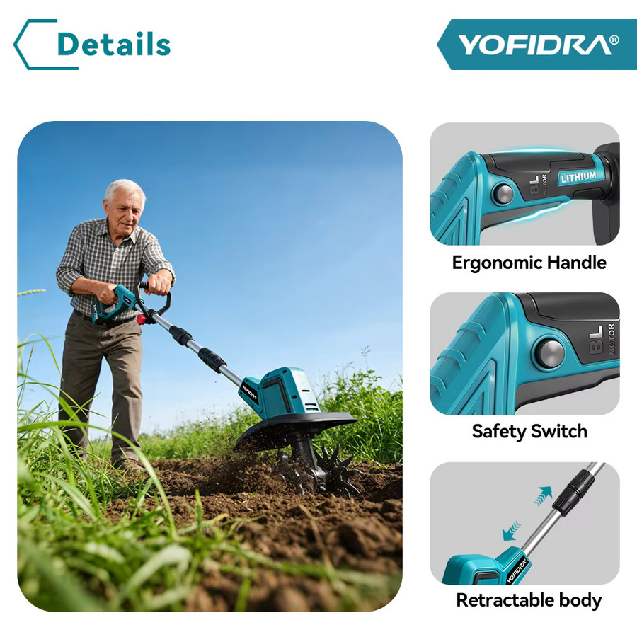YOFIDRA Elektrische Gartenfräse als faltbarer Kultivierer und Vertikutierer für Makita 21V Akku - Bild 2