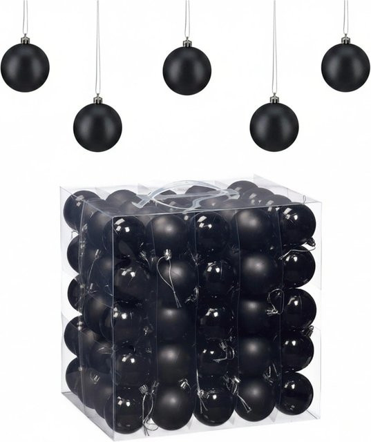Relaxdays Weihnachtskugeln 100er Set aus Kunststoff in Schwarz Matt und Glänzend mit Bändchen - Bild 1