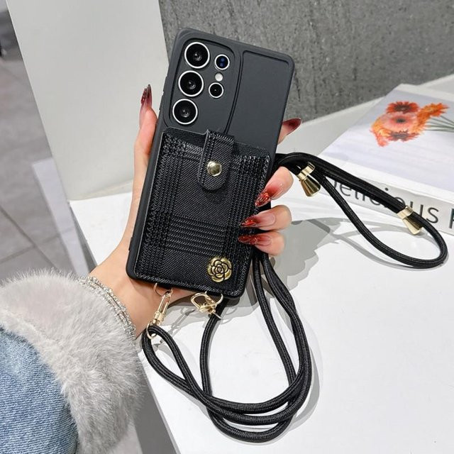 Samsung Handyhülle mit Geldbörsen-Riemen und Lanyard als Crossbody-Tasche im karierten Design für Galaxy S26 Ultra S25 Plus S24 FE S24 Plus S23 S22 S21, Farbe: Schwarz - Bild 1