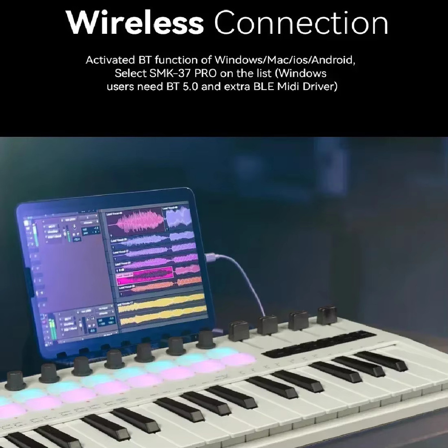 M-VAVE SMK-37 PRO MIDI-Controller mit 37 Tasten, 16 RGB-Pads und 8 Drehreglern in Pink - Bild 4