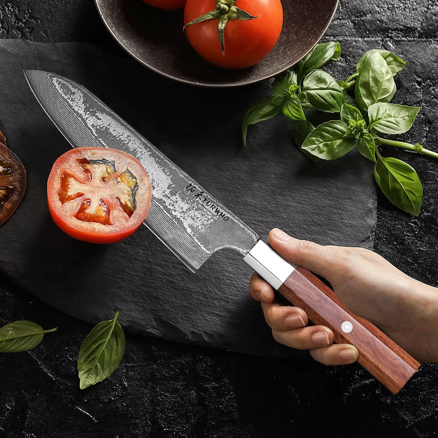 TURWHO Santoku Küchenmesser aus 67-lagigem Damaststahl, 17,78 cm handgeschmiedetes Kochmesser mit Holzgriff - Bild 3