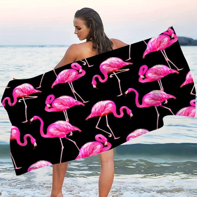 Dalangpa Strandtuch aus Mikrofaser mit handbemaltem Flamingo-Motiv auf schwarzem Hintergrund, schnelltrocknend, B: 30 cm, H: 60 cm - Bild 1