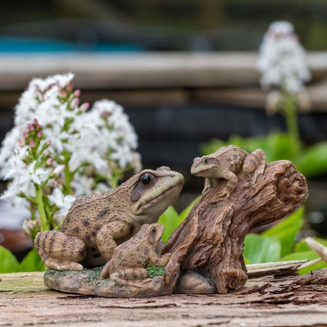 HotAnt Deko-Figur Verspielte Frösche auf Baumstumpf in Braun aus Polystone - Bild 1