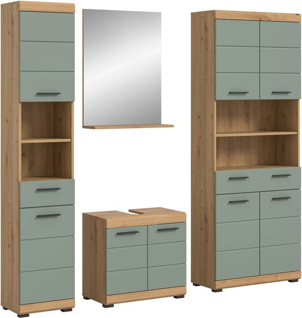 Badkombination Xonox Scout in Eiche Artisan Nachbildung und Salbei Grün mit Spiegel, Waschbeckenunterschrank und Hochschrank, B/H/T: 186 x 191 x 34 cm - Bild 1