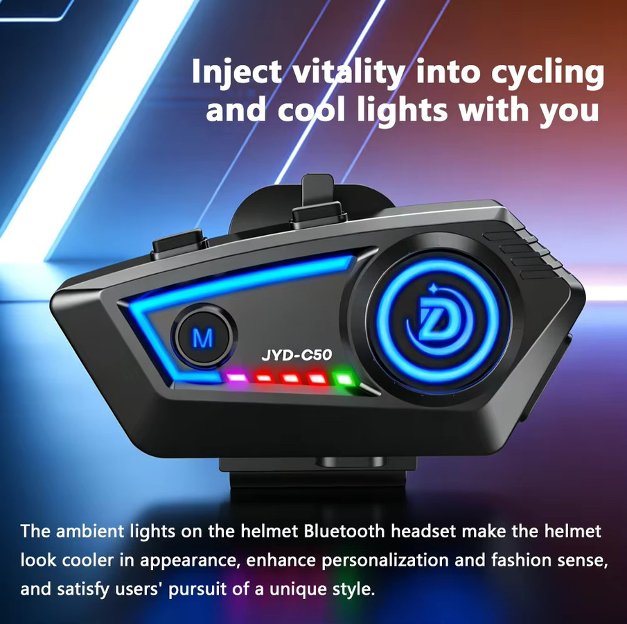 Kebidumei C50 Motorradhelm-Headset mit Bluetooth 5.4, Stereo Freisprechfunktion, IP67 Wasserdicht und farbiger Umgebungsbeleuchtung in Schwarz - Bild 2