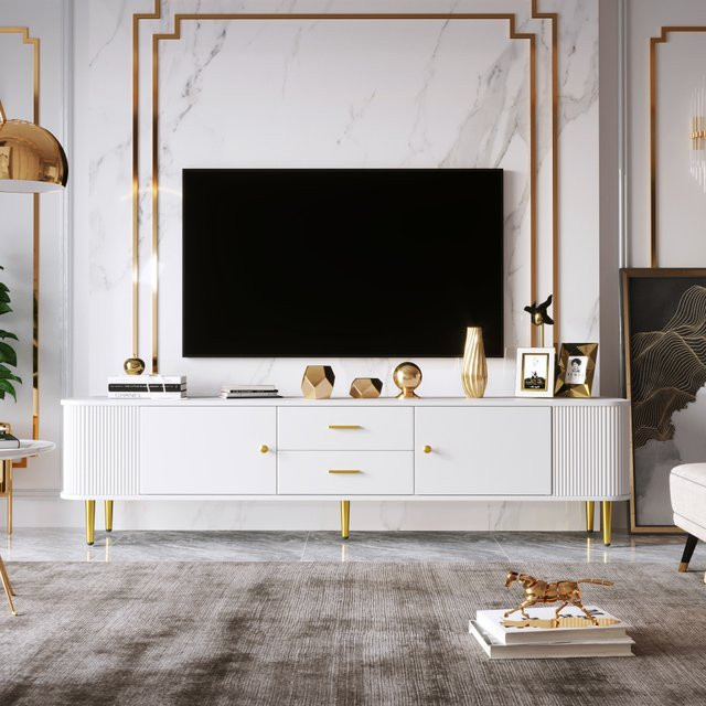 PINGGO TV-Schrank in Weiß und Gold mit Schubladen, abgerundeten Ecken und gewellten Seiten für dein modernes Wohnzimmer - Bild 1