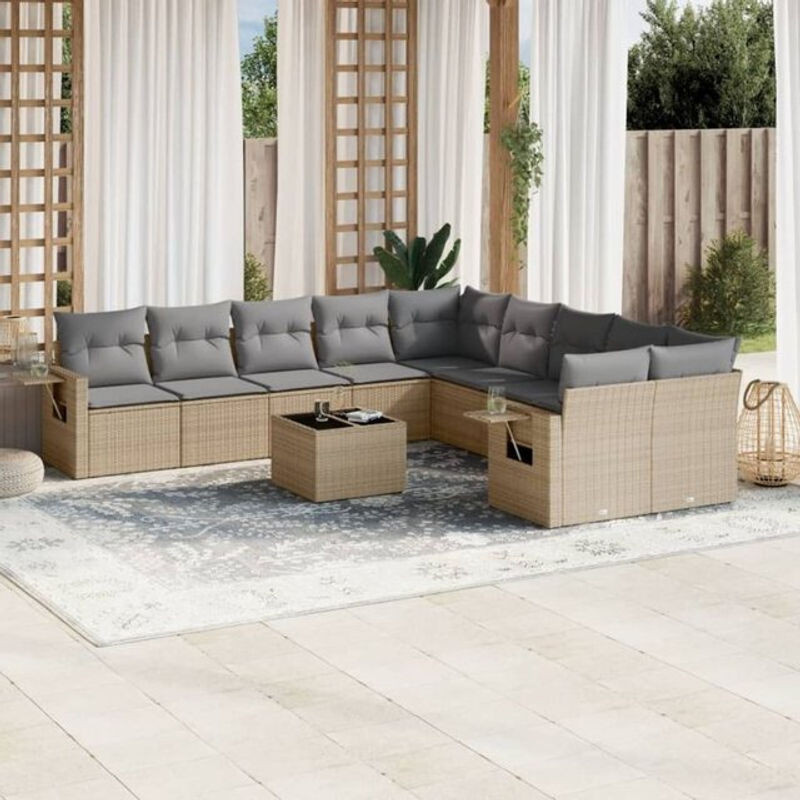 Vidaxl 11-tlg. Garten-Sofagarnitur aus Polyrattan mit Kissen in Beige und Grau - Bild 1