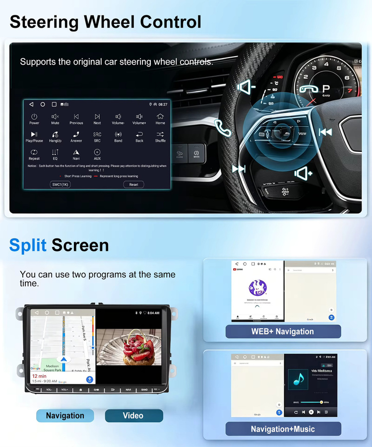ESSGOO Android 15 Autoradio mit 9 Zoll Display, 64G Speicher, kabellosem Carplay, Android Auto und GPS-Navigation für SEAT SKODA VW Golf 5 6 Plus Tiguan Touran Polo Caddy EOS 6R Passat Jetta Rabbit T5 Sharan, Schwarz - Bild 5