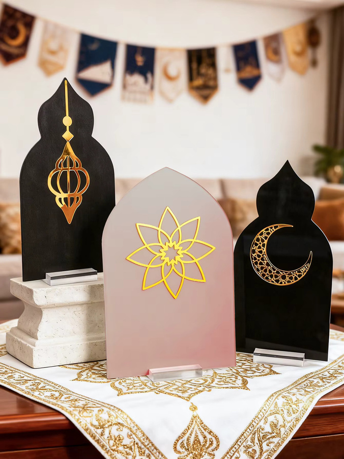 Islamische Ramadan Tischdekoration Laterne mit Mond und Blumen aus Acryl in Schwarz für Eid Mubarak und Muslimische Feste - Bild 2