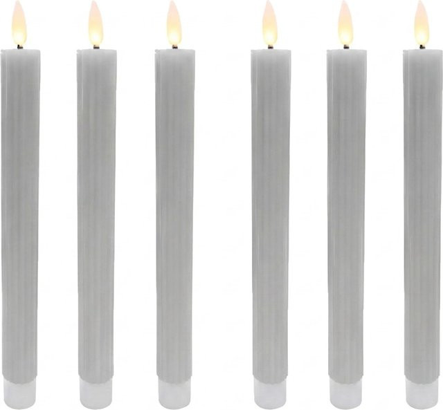 Relaxdays LED Stabkerzen 6er Set aus Echtwachs in Hellgrau mit flackerndem Flammeneffekt und Rillen-Design, Höhe: 25 cm, Durchmesser: 2 cm - Bild 1