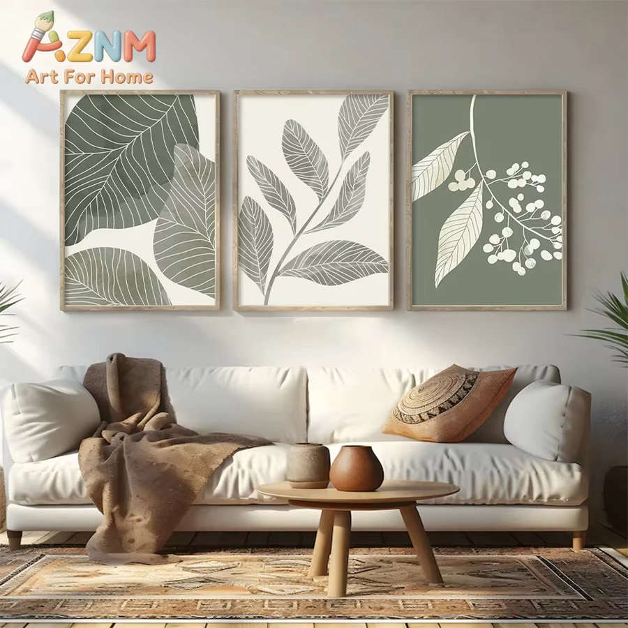 AZNM Leinwand-Gemälde mit abstrakten geometrischen Pflanzenblättern in Grün im nordischen Stil zur Wanddekoration - Bild 2