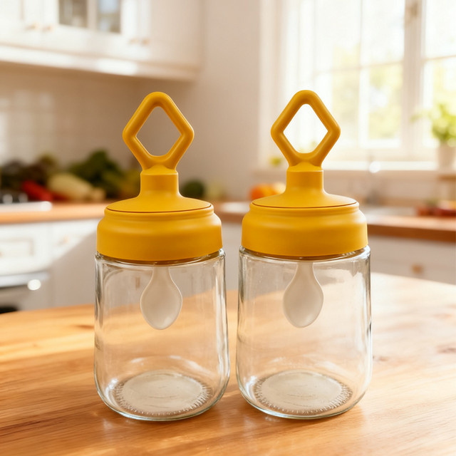 HeYLiLac 2-teiliges Gewürzglas-Set aus Glas mit Deckel und Löffel im nordischen Stil, transparent und orange - Bild 1