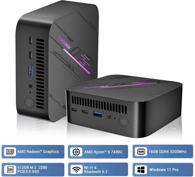 Blackview MP100 Mini-PC mit AMD Ryzen 5 7430U, 16GB DDR4, 512GB SSD, Windows 11, WiFi 6 und Bluetooth, Schwarz - Bild 4