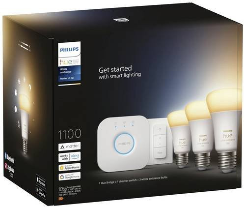 Philips Hue White Ambiance Starter Kit mit 3 E27 LED-Lampen, Bridge und Dimmschalter, Weiß - Bild 2