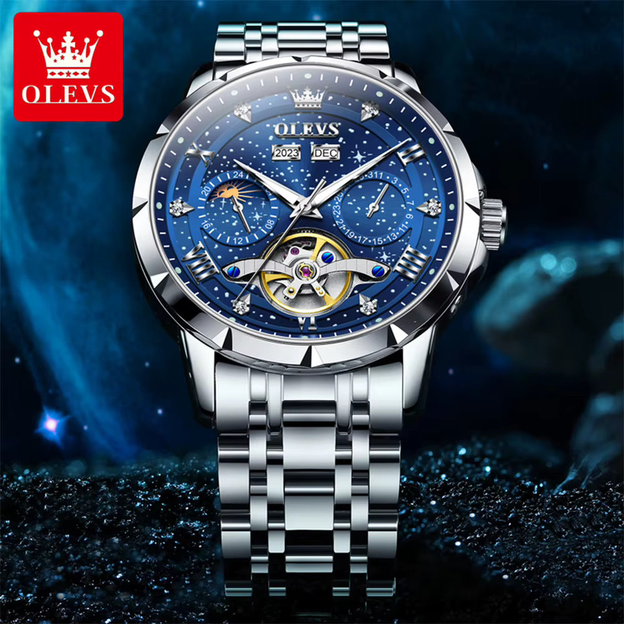 OLEVS Armbanduhr Automatik, Edelstahl, Herren, Blau, Silber - Bild 2