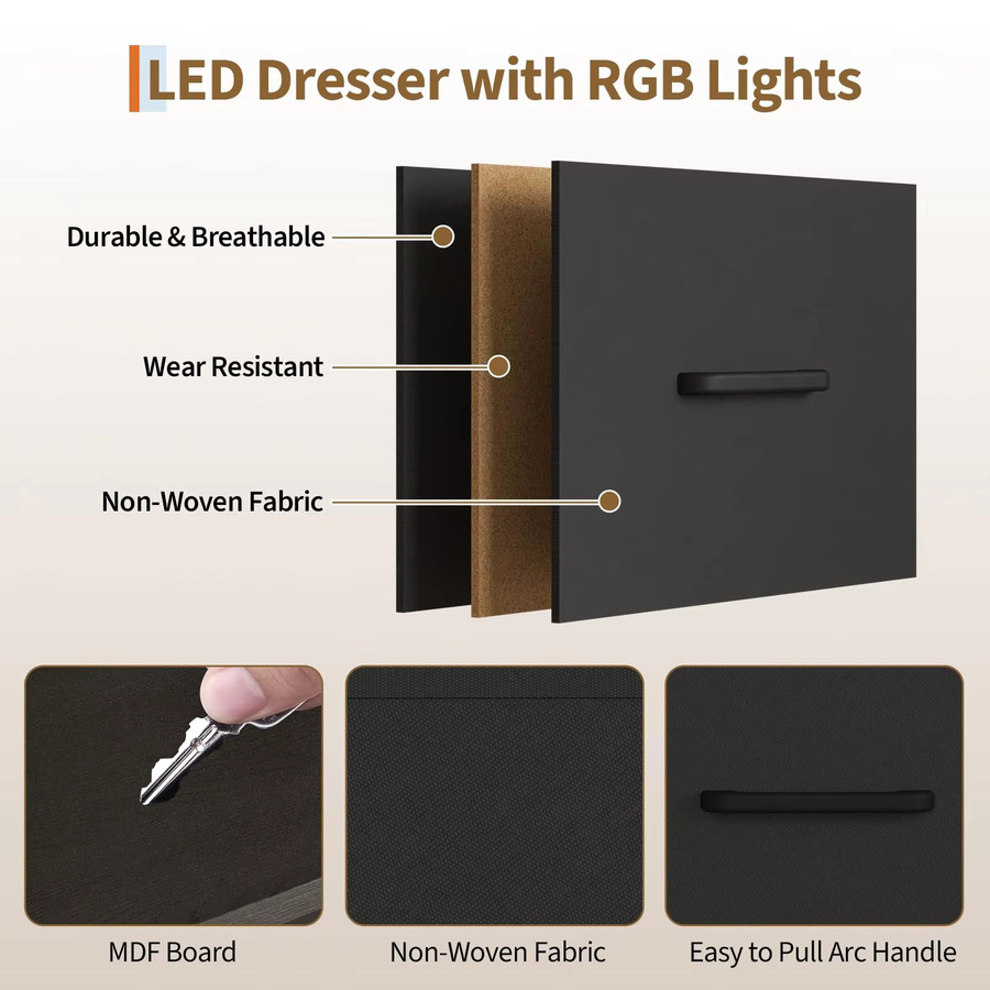 GarveeHome Kleiderschrank für Schlafzimmer mit 6 Schubladen, LED-Beleuchtung und Ladestation, Metall und Holz, Farbe: Schwarz/Braun, B/T/H: 125 x 40 x 120 cm - Bild 4