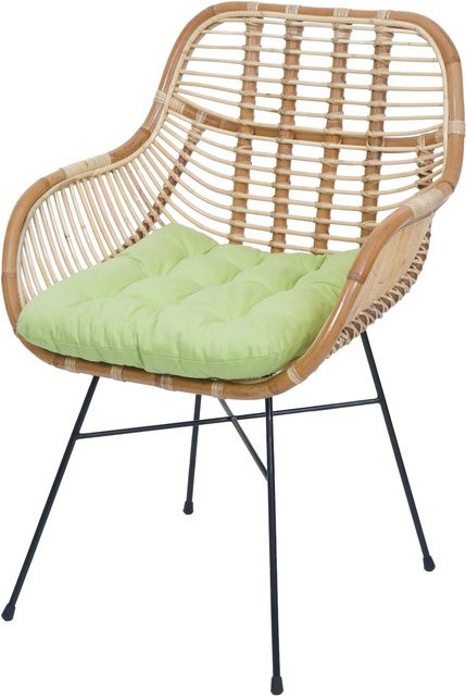 Esszimmerstuhl MCW-P17 aus Rattan und Metall mit grüner Polsterung - Bild 1