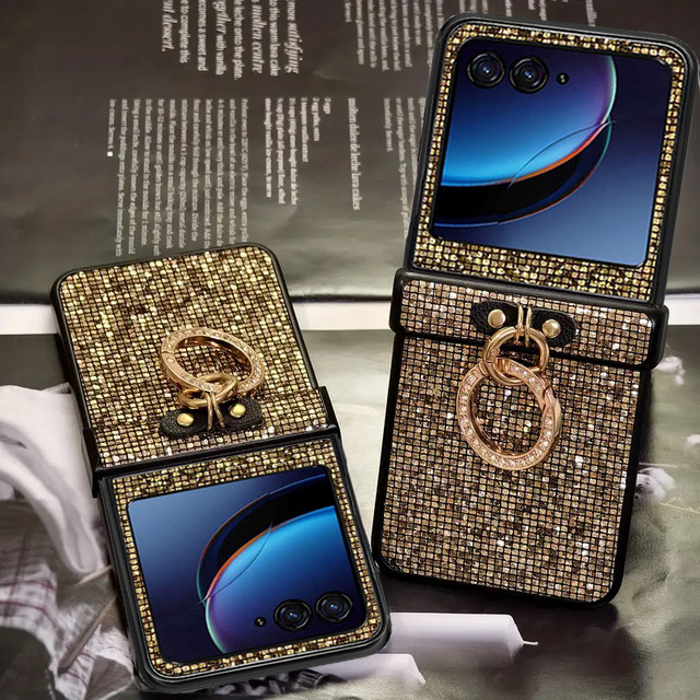 Glänzende Motorola Moto Razr 50 60 70 Ultra Handyhülle mit Diamant-Ring-Schnalle in Gold und stoßfester PC-Rückabdeckung - Bild 1