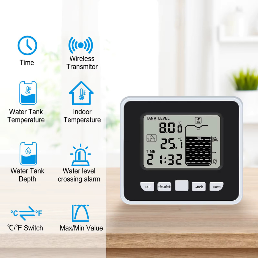 Urageuxy Kabelloser Wassertank-Niveaumonitor mit LCD-Display und 100 m Reichweite inklusive Temperaturalarm für Wassertürme - Bild 3