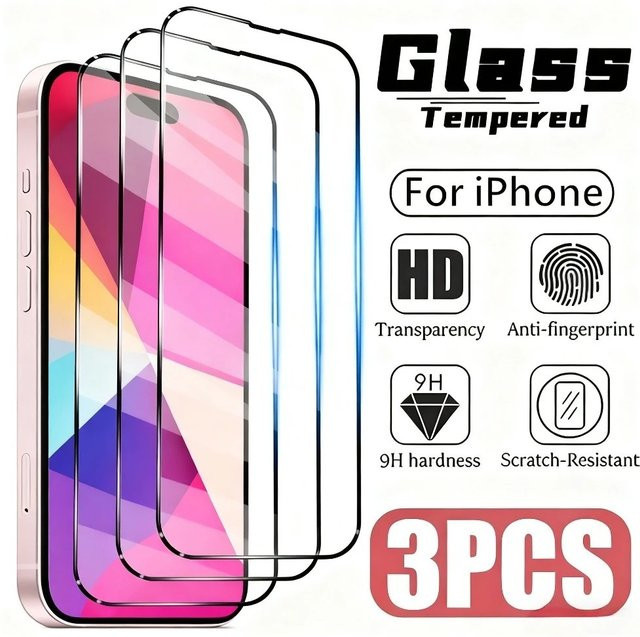 3er-Pack Full Cover Displayschutzfolie aus gehärtetem Glas für iPhone 17 16 15 14 13 12 11 Pro Max Plus XR XS in Transparent - Bild 1