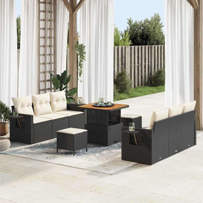 vidaXL Garten-Sofa-Set aus Polyrattan und Stahl, 9-teiliges Loungemöbel-Set in Schwarz und Creme, B/T/H: 80 x 80 x 71 cm - Bild 1