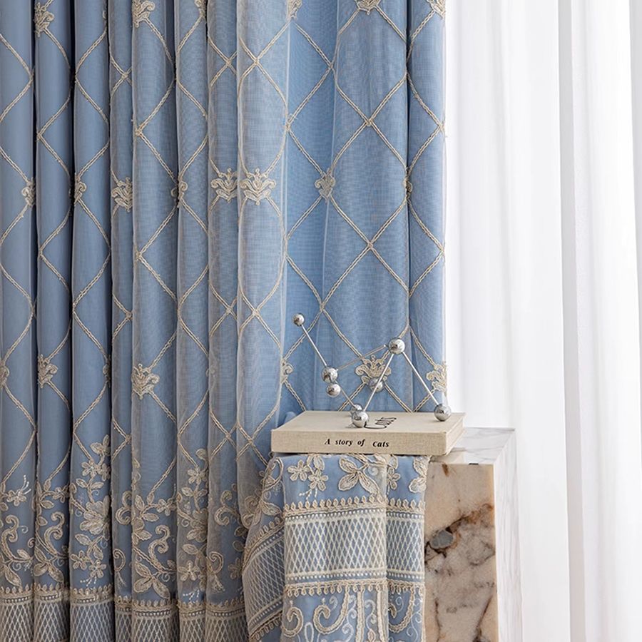CENTURyMiG Doppelter Gaze-Vorhang im französischen Rokoko-Stil mit Spitze und Stickerei in Blau, transparent - Bild 2