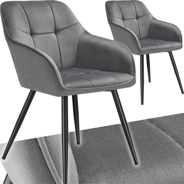 tectake Esszimmerstuhl Marilyn 2er Set, gepolstert in Samtoptik mit Steppmuster und Stahlbeinen, B/T/H: 58 x 62 x 82 cm, Grau-Schwarz - Bild 1