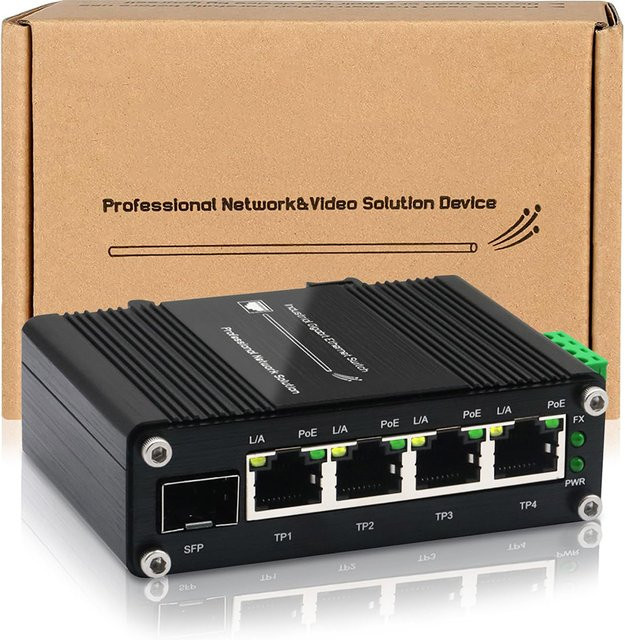 Fanakm Industrieller 4-Port Gigabit Solar PoE Switch in Schwarz mit SFP Uplink und IEEE 802.3af/at@120W Unterstützung - Bild 1