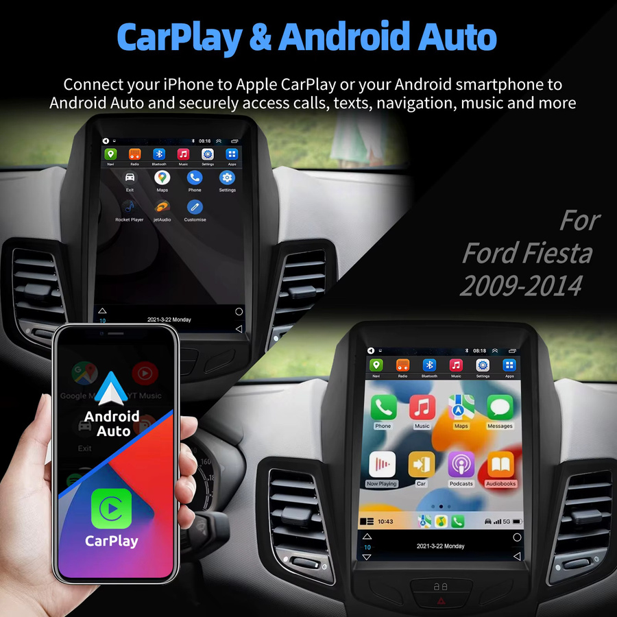 ESSGOO Android 15 Autoradio mit 9.7 Zoll IPS Touchscreen für Ford Fiesta VI 2009-2014, 64G Speicher, kabelloses CarPlay, Android Auto, GPS Navigation, Bluetooth, FM RDS und Lenkradsteuerung, Schwarz - Bild 3