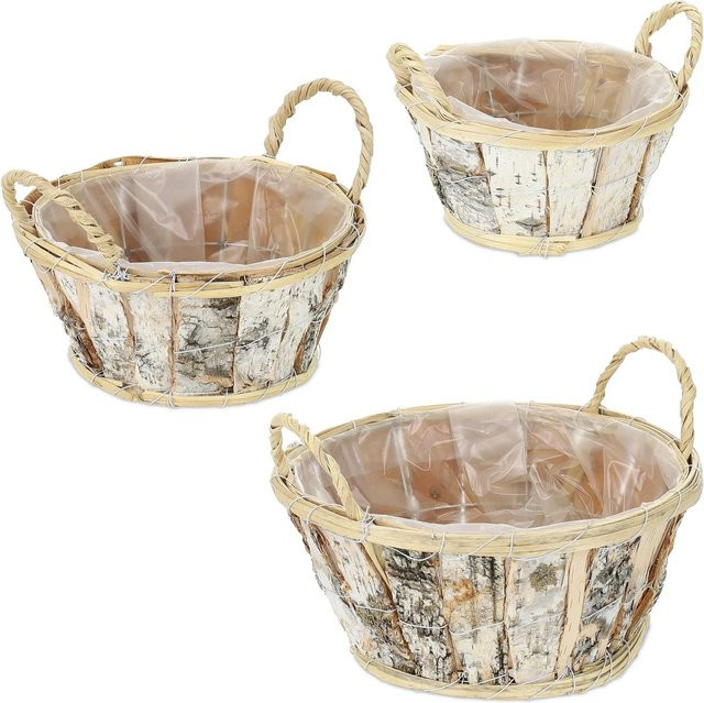 Relaxdays Blumentopf Set aus Holz in Weiß mit Birken-Optik, 3er Set, rund, Durchmesser: 19 cm, Höhe: 27,5 cm - Bild 1