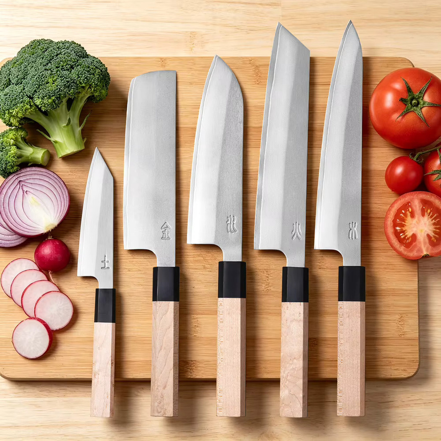 TURWHO Japanisches Küchenmesser-Set aus 3-Schicht-Verbundstahl in Silber mit Nakiri, Santoku und Allzweck-Kochmesser - Bild 3
