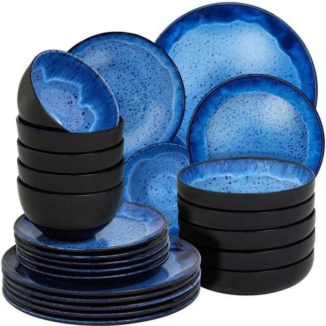 tectake Tafelservice Mare für 6 Personen aus Steingut in Blau, handgefertigt mit Glasur und stapelbar, B/T/H: 26,5 x 26,5 x 2,5 cm - Bild 1