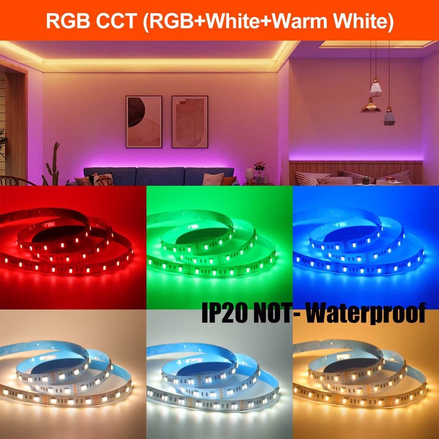 HEGEHE RGB CCT LED Streifen mit SMD 5050 5-in-1 Chip, flexibler Multicolour LED Lichtstreifen für Wohnzimmer und Schlafzimmer, 12 V, 60 LEDs/m - Bild 2