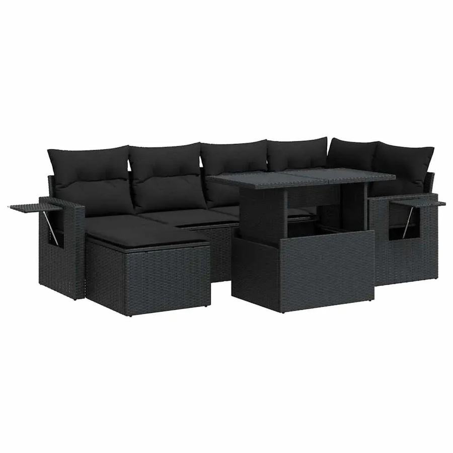 vidaXL 7-teilige Garten-Sofagarnitur in L-Form aus schwarzem Poly-Rattan mit Kissen und pulverbeschichtetem Stahlgestell - Bild 2