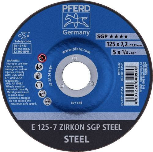 PFERD Zirkon SGP Steel Schruppscheibe gekröpft für Stahl, Blau, Durchmesser: 125 mm, Bohrungs-Ø: 22,23 mm, 10 Stück - Bild 1