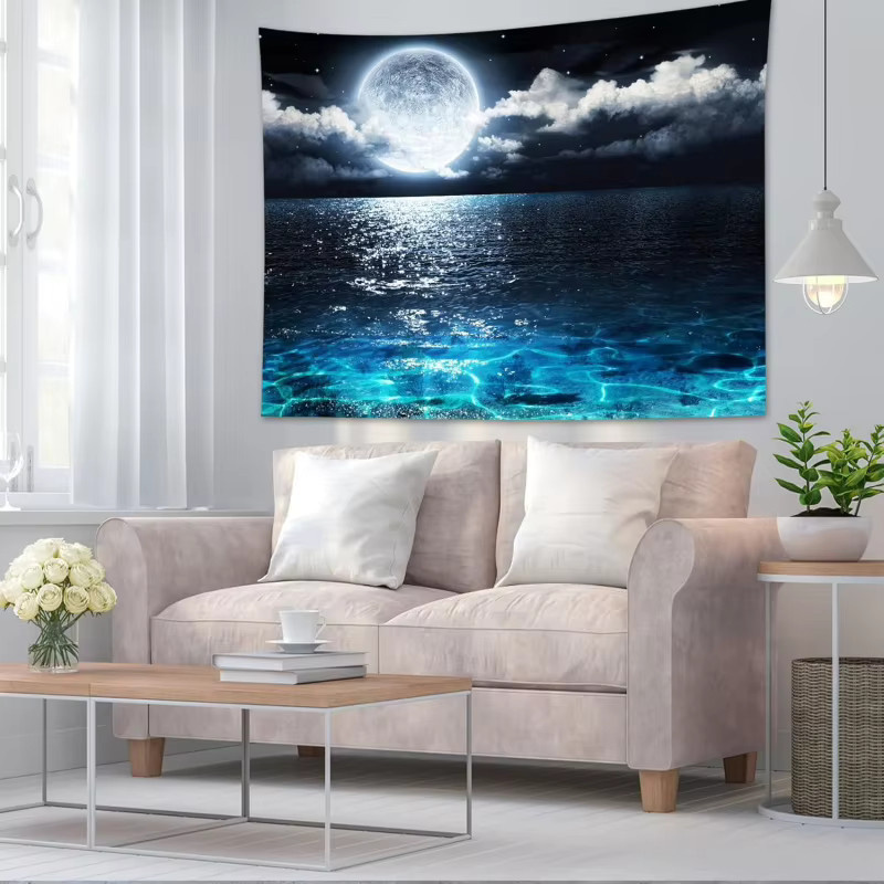 VIKAMA Wandteppich mit blauem Meeresnachthimmel und Mond über dem Ozean, Boho-Landschaft als Wanddekoration - Bild 2