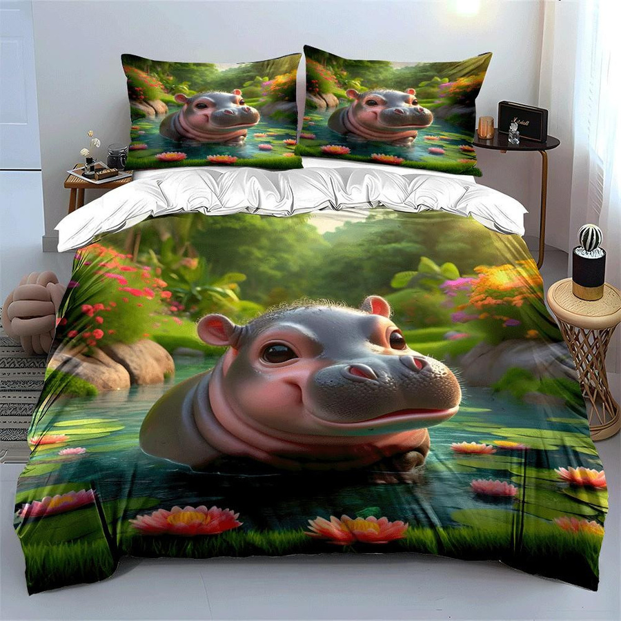 Dreiteiliges Bettwäsche-Set mit Flusspferd-Motiv für Kinderzimmer, EU Twin, B/H: 135 x 200 cm - Bild 4