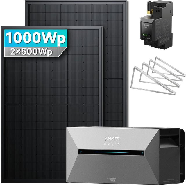 SolarMars Balkonkraftwerk 1000W mit Anker SOLIX Solarbank 2 E1600 Pro Speicher und Flachdachhalterung in Schwarz - Bild 1